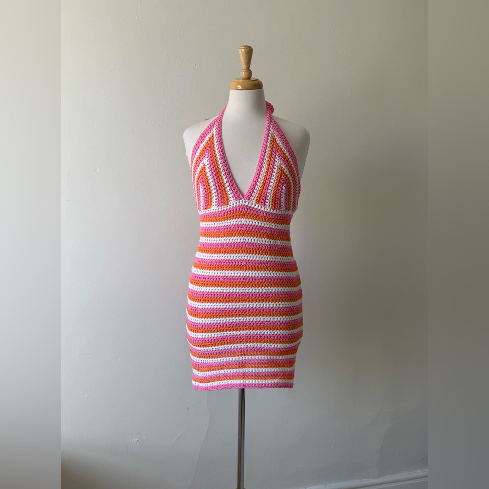 Beige Botany Crochet Halter Dress Pink Orange Stripe – Size S